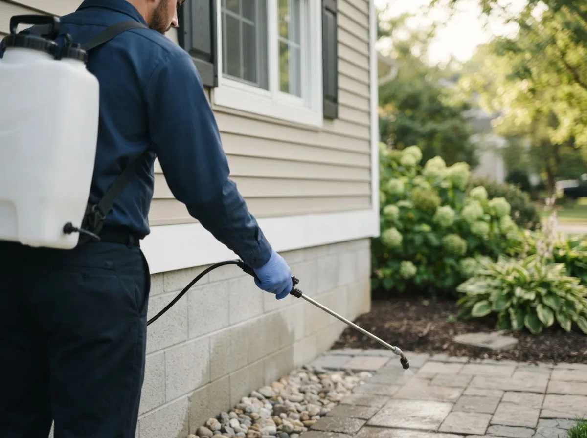 Pest control technician inspecting a home in Bloomfield, NE